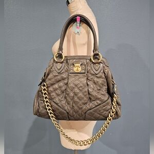 MARC JACOBS Alyona Quilted Leather Gold Chained Taupe Brown Tote Bag Purse